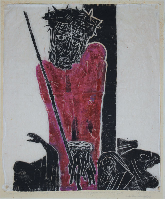 Rolf Müller-Landau, 1903-1997, "Geißelung Christi", Holzschnitt auf Chinapapier, handsigniert und datiert 1953, PP, Blatt ca. 54x45,5 cm, ...