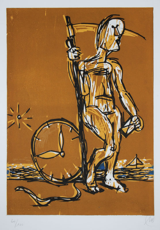 Markus Lüpertz, geb. 1941, "Zeitreise", Radierung und Holzschnitt auf dickem Velin, 2008, Überlagerung zweier Drucktechniken, für ...
