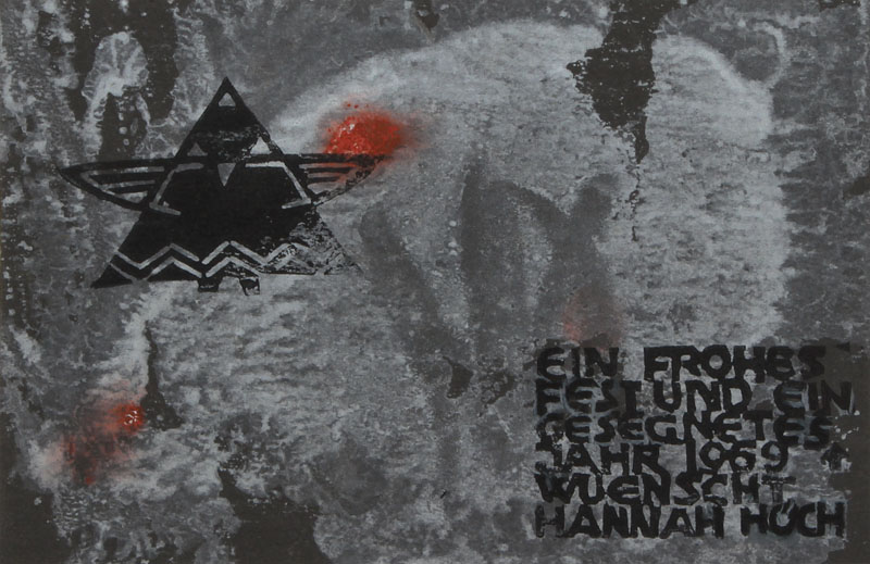 Hannah Höch, 1889-1978, Gouache und Monotypie auf grauem Karton, Weihnachtskarte, 1968, Rückseite: handschriftl. Widmung und Signatur, Blatt ca. ...
