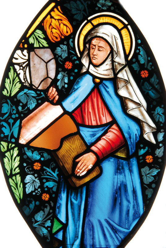 Paar Bleiglasfenster, deutsch, um 1890, zwei Heiligenfiguren, bemalt, Bleifassungen, mit Aufhängungen, 72 x 44.5 cm