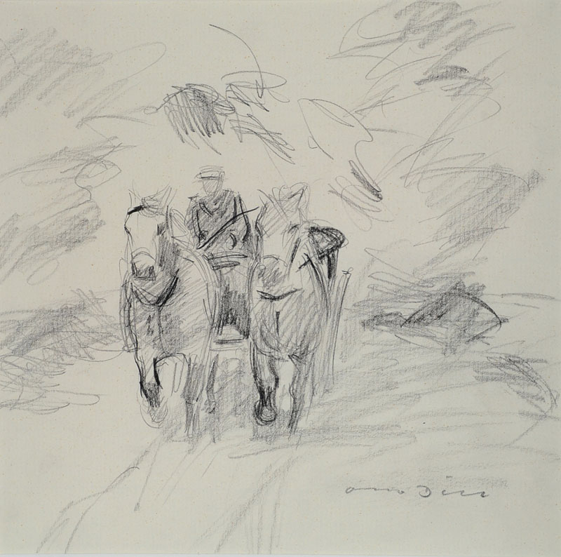 Otto Dill, 1884-1957, Pferdefuhrwerk, Bleistiftzeichnung, handsigniert, PP, ca. 23x23,5 cm, unter Glas gerahmt