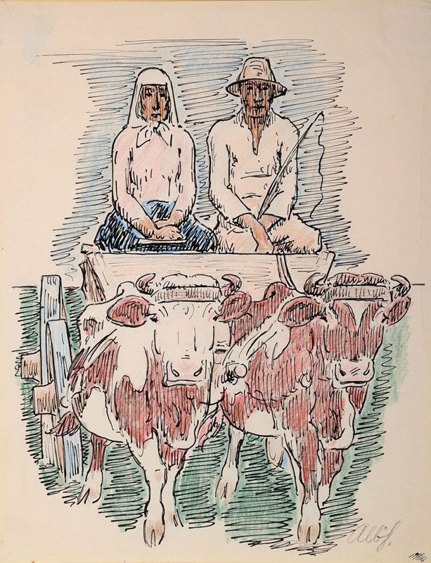 Albert Haueisen, 1872 Stuttgart-1954 Kandel/ Pfalz, kolorierte Tuschezeichnung, Weinbauern, handsigniert, PP, ca. 28,5x22,5 cm