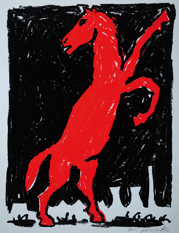 A.R. Penck, geb. 1939, Rotes Pferd, Siebdruck, handsigniert, ca. 62,5x49 cm, unter Glas gerahmt