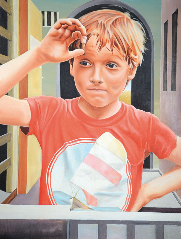 Unbekannter zeitgenössischer Maler, Weitblick, Phantastischer Realismus, Öl/Lwd., ca. 85 x 64,5 cm, Rahmen