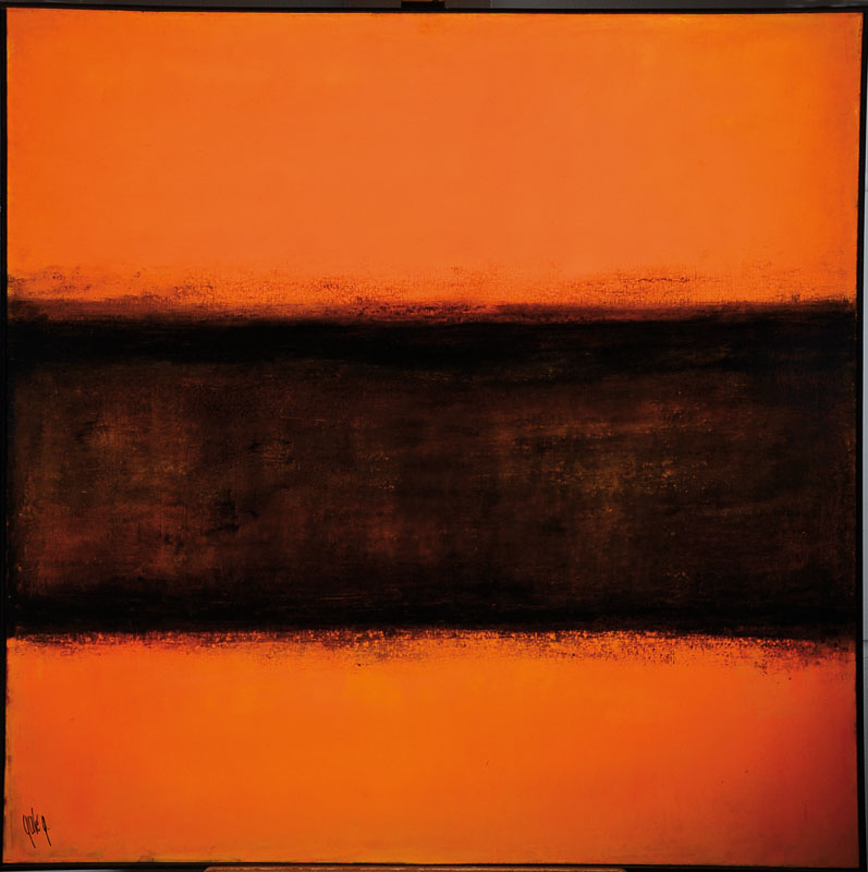 Gaston Galé, zeitgenössischer belgischer Künstler, Abstrakte Komposition in Orange- und Schwarztönen, Öl/Lwd., links unten signiert, ca. 100x100 ...