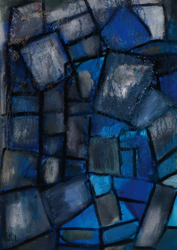 Lucien Sotto, zeitgenössischer belgischer Künstler, abstrakte Komposition in Blautönen, Öl/Lwd., links unten signiert, ca. 70x50 cm, Rahmen