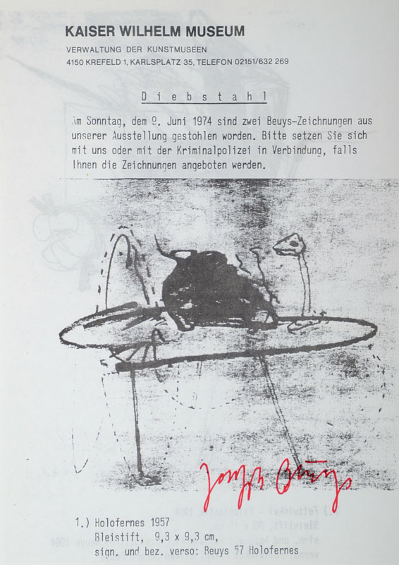 Joseph Beuys, 1921-1996, "Diebstahl", Offset, handsigniert, 1974/77, anlässlich Diebstahlsuche Kaiser Wilhelm Museum Krefeld, vgl. ...