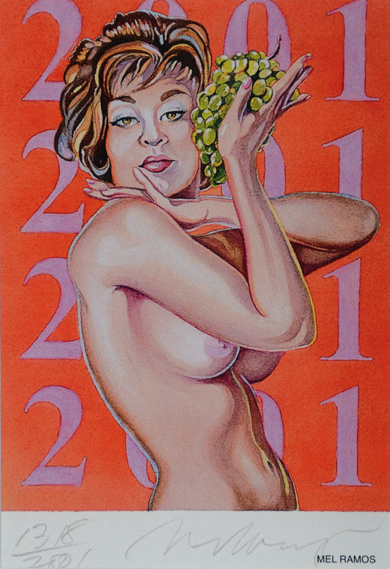 Mel Ramos, geb. 1953 Sacramento, I love women, Sticker aus dem gleichnamigen Buchband, handsigniert und num. 1318/2801, ca. 15x10cm, PP, unter Glas ...