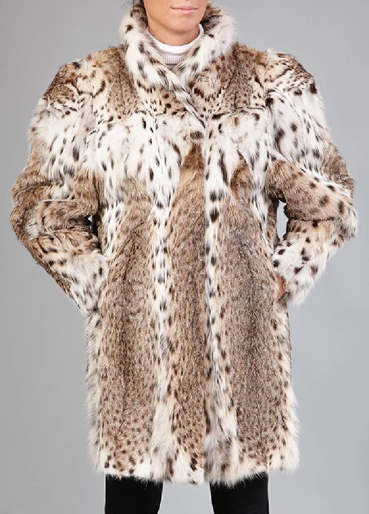 Luchskatzen-Longjacke, Gr. ca. 42/44, sehr schöne Maserung, Stehkragen, 2 seitl. Einschubtaschen, champagnerfarb. Innenfutter, Rückenl. ca. 89 cm, ...