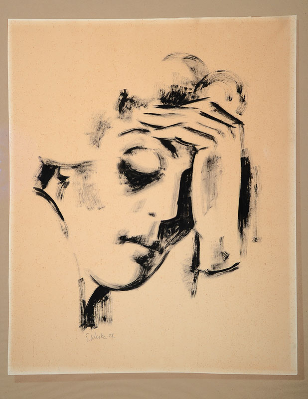 Erich Waske, 1889 - 1978, Tuschezeichnung auf gebräuntem Papier, Porträt, handsigniert und datiert 28, ca. 66x53,5 cm, unter Glas gerahmt, min. ...