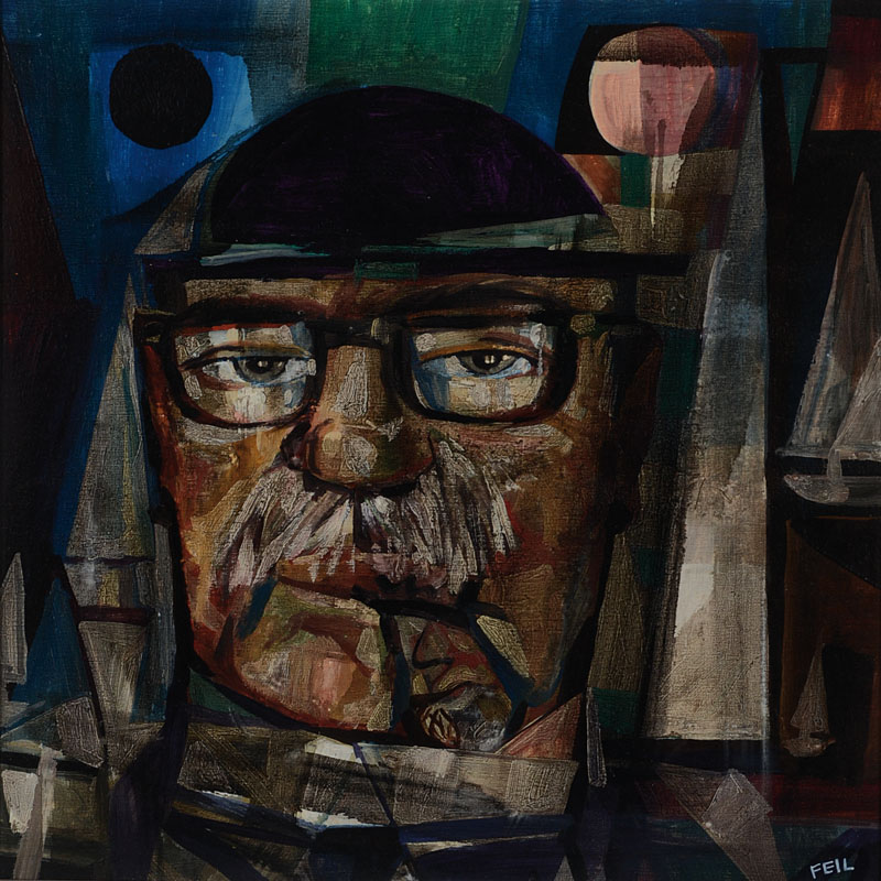 Otto Feil, 1894-1985, Porträt eines Mannes mit Zigarre, Öl/Holz, rechts unten und rückseitig auf altem Etikett signiert, ca. 25x25cm, Rahmen