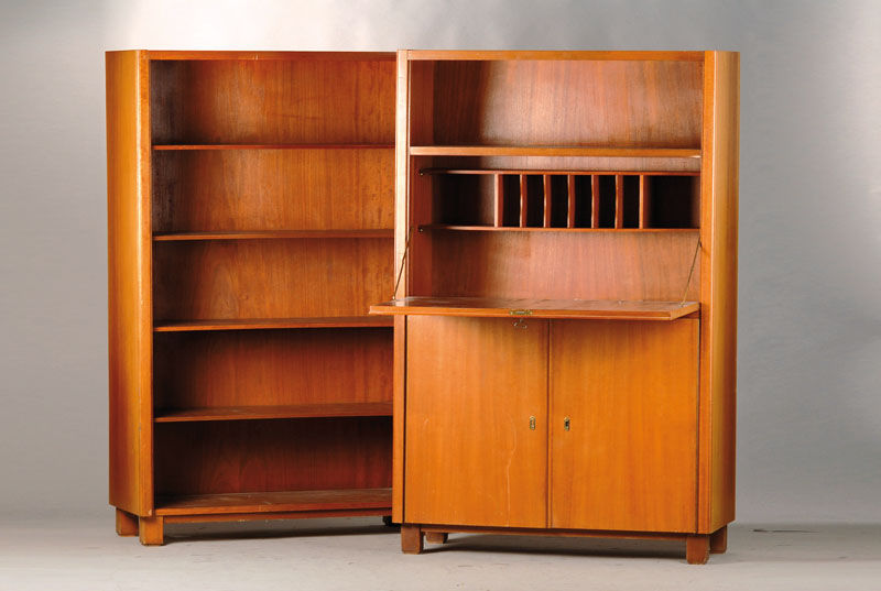 Standsekretär u. Regal, Hersteller: "Musterring Möbel", Mid-Century- Design, Teakholz, Regal mit 4 Einlegeböden, Sekretär mit Freifach, ...