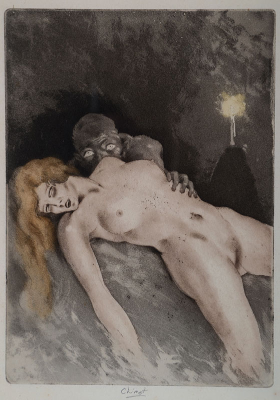 Edouard Jules Chimot, 1880-1959, 3 Radierungen, erotische Darstellung, mittig handsigniert, ca. 21.5 x 16 cm, l. gebräunt, unter Glas, Rahmen