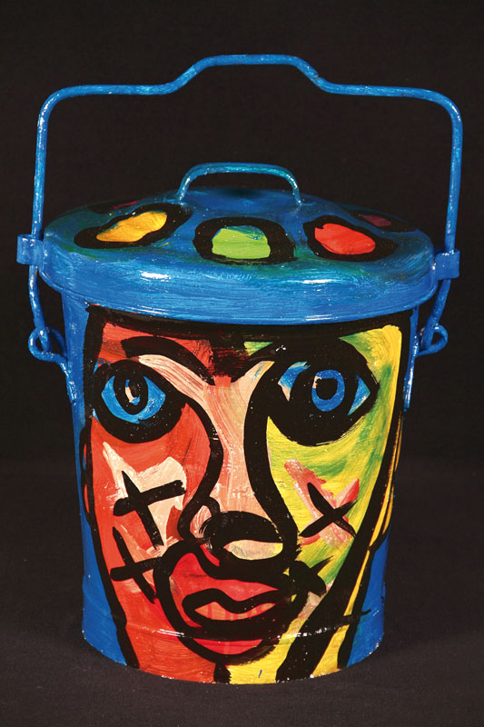 Peter Robert Keil, geb. 1942, Kunstobjekt, Ascheeimer beidseitig mit Acrylbemalung, signiert, ca. 59x44x40 cm, lt. Lagersp.