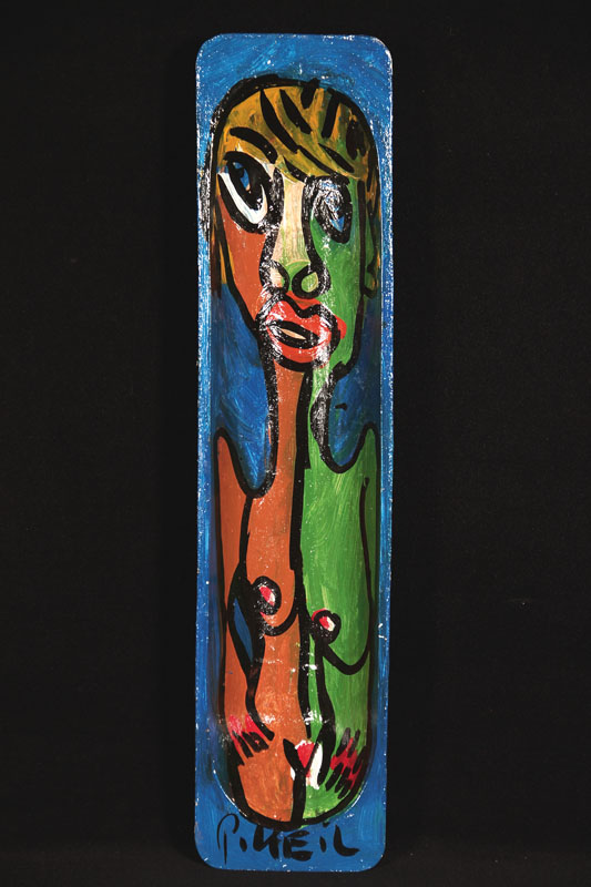 Peter Robert Keil, geb. 1942, Kunstobjekt, Holz beidseitig mit Acrylbemalung, signiert, ca. 103x27x12 cm, lt. Lagersp.