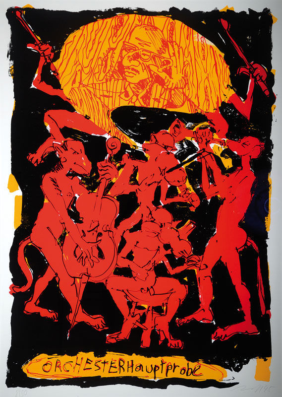 Jörg Immendorff, 1945-2007, "Orchesterhauptprobe", Farbsiebdruck, handsigniert und nummeriert 8/50, datiert 95, PP, ca. 104x74 cm, unter ...