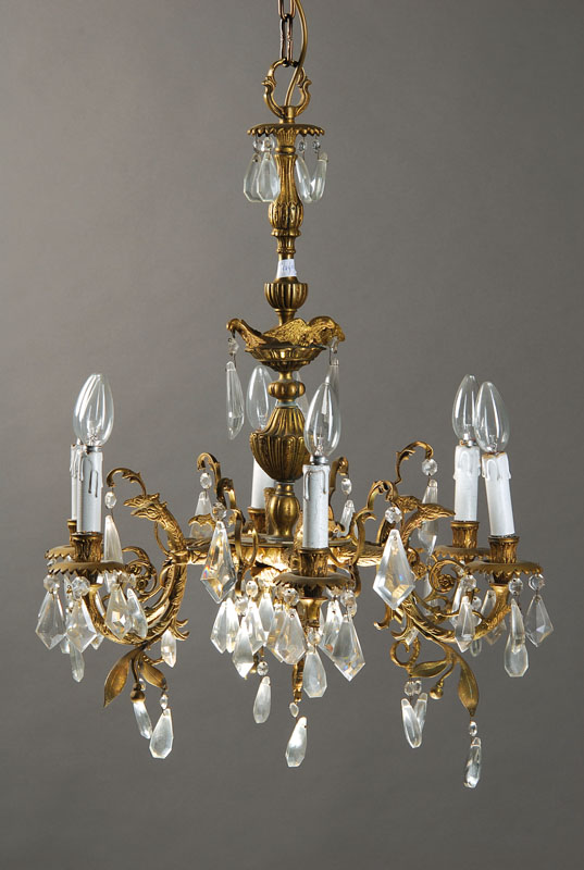 Deckenlüster, Frankreich um 1900, Bronze, 6 Brennstellen, Funktion nicht geprüft, H. ca. 66 cm, D. ca. 57 cm