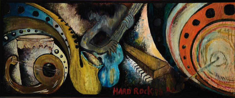 Unbekannter Monogrammist, "Hard Rock", Öl/Holz, monogrammiert HA, datiert 79 und betitelt, ca. 65x159 cm, Ausstellungsrahmen