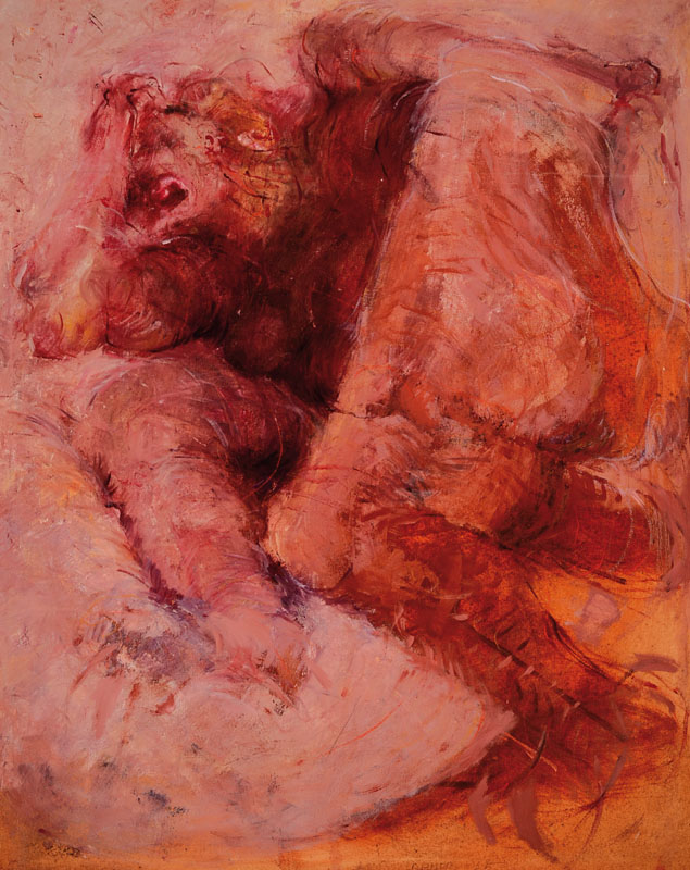 M. Kramer, 2. Hälfte d. 20. Jhd., Abstrakte Komposition in Rot, Öl/Lwd., signiert und datiert 65, verso sign. u. dat., ca. 100x81 cm, Rahmen