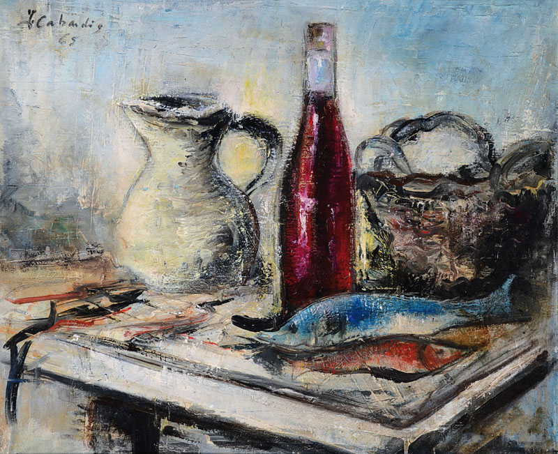 J. Cabardig, franz. Künstler, Stillleben mit Fischen, Krug und Flasche, Öl/Lwd., links oben signiert und datiert 65, ca. 46x55 cm, Rahmen