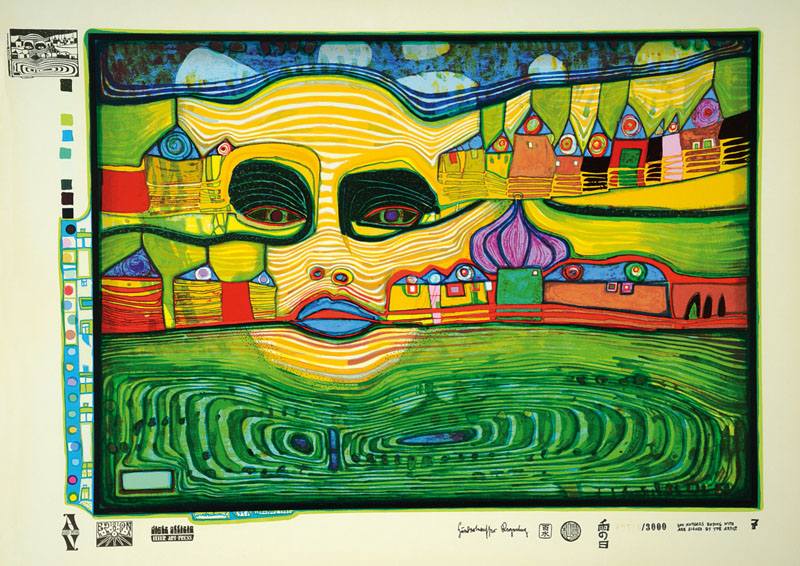 Friedensreich Hundertwasser, 1928-2000, Farbserigraphie, "Irinaland Über dem Balkan", Blatt aus der Regentagmappe, drucksigniert und ...