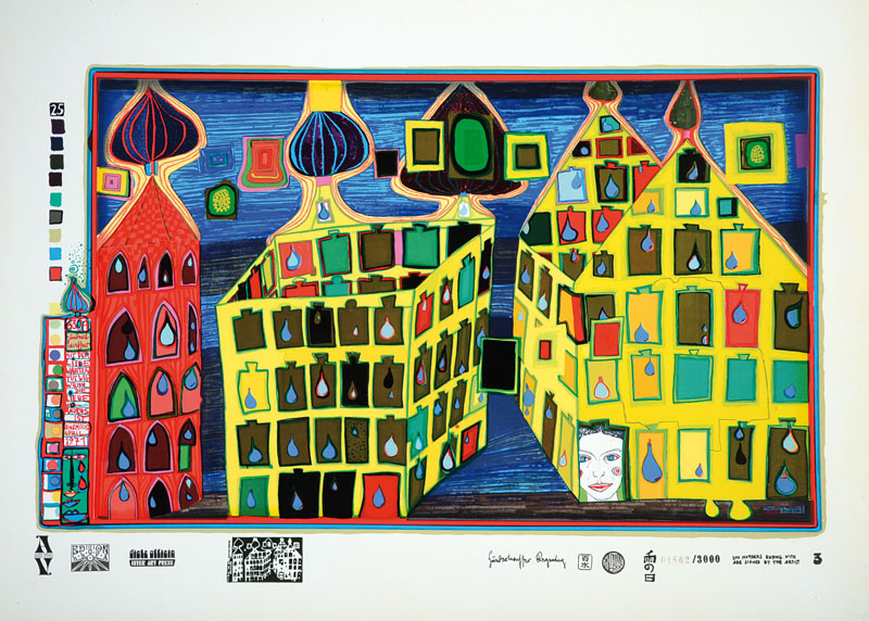 Friedensreich Hundertwasser, 1928-2000, Farbserigraphie, "Mit der Liebe warten tut weh", Blatt aus der Regentagmappe, drucksigniert und ...