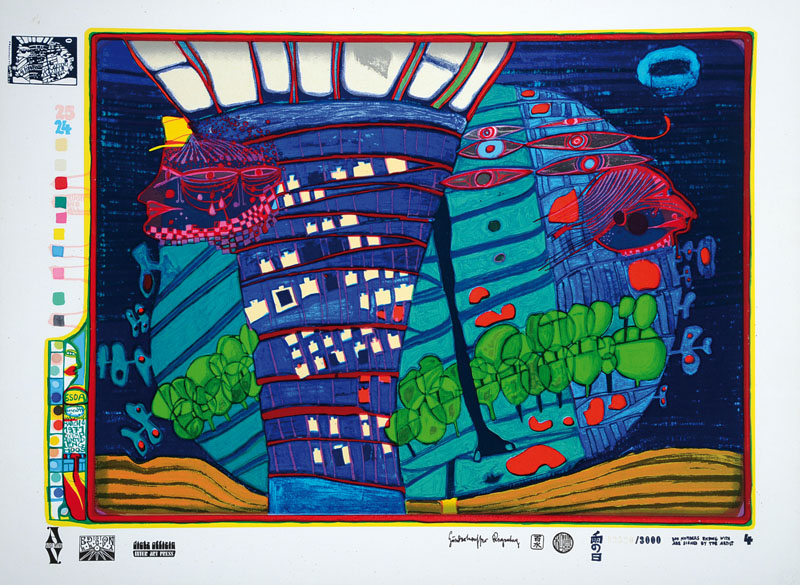 Friedensreich Hundertwasser, 1928-2000, Farbserigraphie, "Flucht ins All", Blatt aus der Regentagmappe, drucksigniert und nummeriert ...