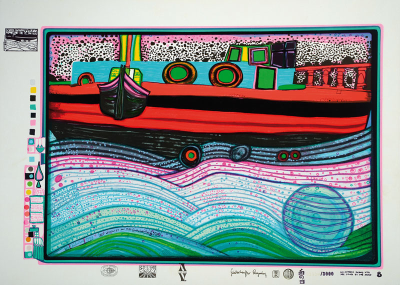 Friedensreich Hundertwasser, 1928-2000, Farbserigraphie, "Liebe auf Liebewellen", Blatt aus der Regentagmappe, drucksigniert und nummeriert ...