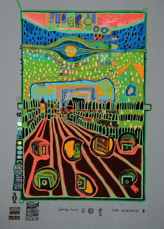 Friedensreich Hundertwasser, 1928-2000, Farbserigraphie, "Straße der Überlebenden", Blatt aus der Regentagmappe, drucksigniert und ...