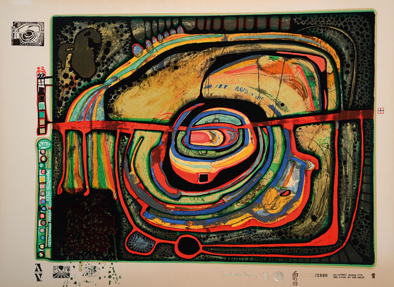 Friedensreich Hundertwasser, 1928-2000, Farbserigraphie, "Die fünfte Augenwaage", Blatt aus der Regentagmappe, drucksigniert und ...