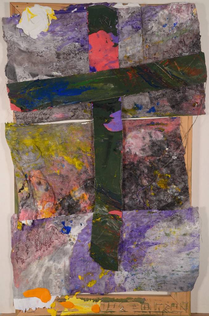 Detail a: Heiko Pippig, geb. 1951 Mosbach, Strange Sky, Serie aus 5 Arbeiten in Acryl auf Stoff, teils collagiert, betitelt: gefoltert, gekreuzigt, gestorben, ...