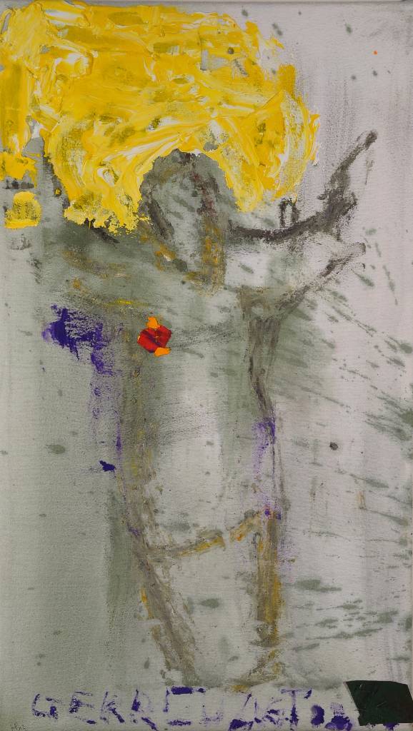 Detail b: Heiko Pippig, geb. 1951 Mosbach, Strange Sky, Serie aus 5 Arbeiten in Acryl auf Stoff, teils collagiert, betitelt: gefoltert, gekreuzigt, gestorben, ...