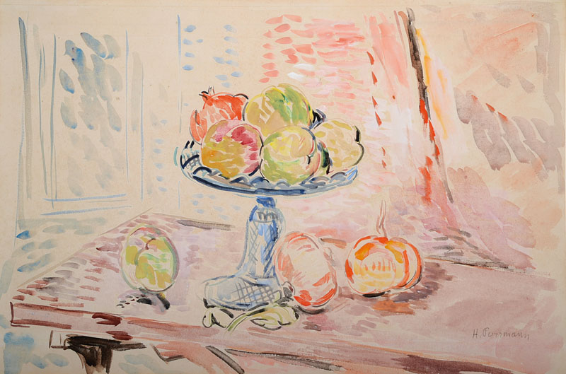 Hans Purrmann, 1880-1966, Aquarell auf Bütten, Stillleben mit Früchten, rechts unten signiert, rückseitig mit einer Bleistiftskizze: Lützowufer ...