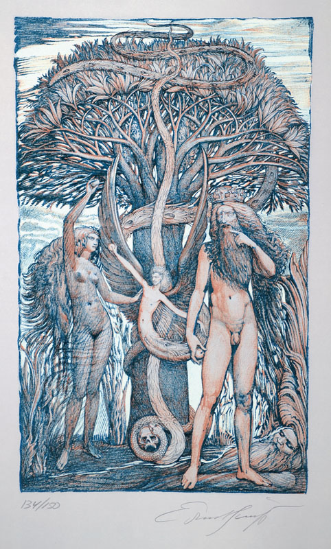 Ernst Fuchs, geb. 1930 Wien, Farblithographie aus: Beneath the tree, handsigniert und nummeriert 134/150, Blattgr. ca. 57x38 cm, unter Glas gerahmt