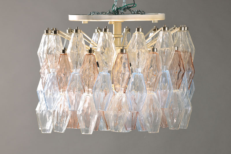 Deckenlampe, Venini Murano, Entwurf Carlo Scarpa in den 50er Jahren, Ausformung 70er Jahre, Metallmontur mit vier Reihen in die Form geblasene ...