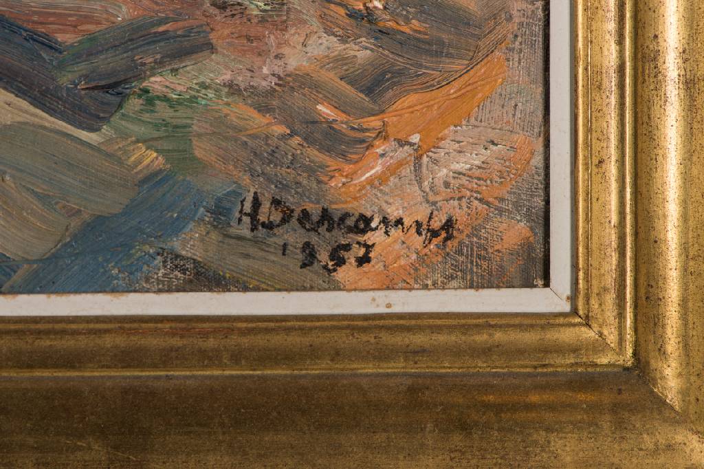 Detail a: Henri Descamps, 1898-1990 Brüssel, Waldinterieur, Öl/Lwd, rechts unten signiert und datiert 1957, ca. 65x80cm, Rahmen
