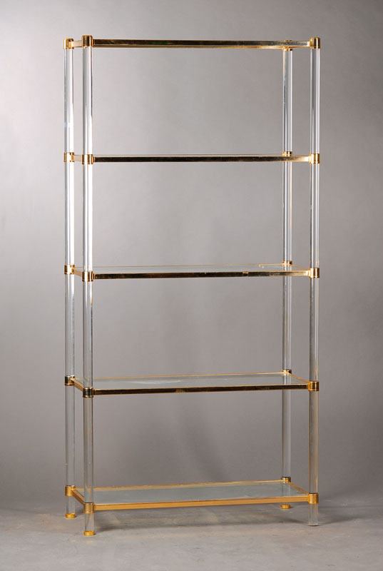 Plexiglasregal mit Glasböden, Italien um 1980, 5 Böden, Gebr.-Sp., ca. 181x90x40 cm