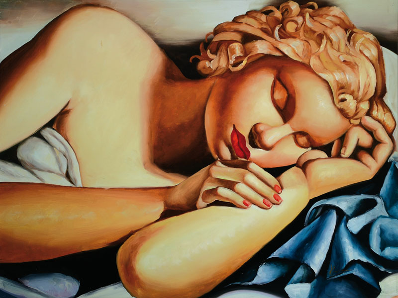 Unbekannter zeitgenössischer Künstler, in der Art der Tamara de Lempicka, hier: Schlafende, Kopie nach dem Original von 1935, Acryl/Lwd, ca. 60x80cm
