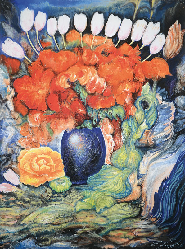 Ernst Fuchs, geb. 1930 Wien, Bouquet mit weißen Tulpen, Giclee auf Leinwand, handsigniert und nummeriert 19/300, aus 2012, Blattgr. ca. 79,5x61 cm