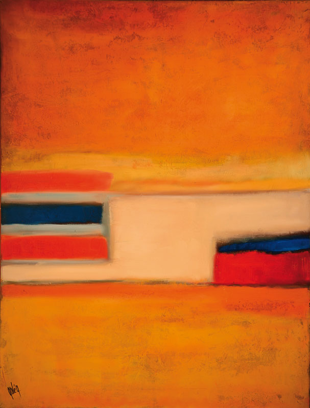 Gaston Galé, zeitgenössischer belgischer Künstler, Abstrakte Komposition in Orange, Rot und Blau, Öl/Lwd., links unten signiert, ca. 118x90cm, ...