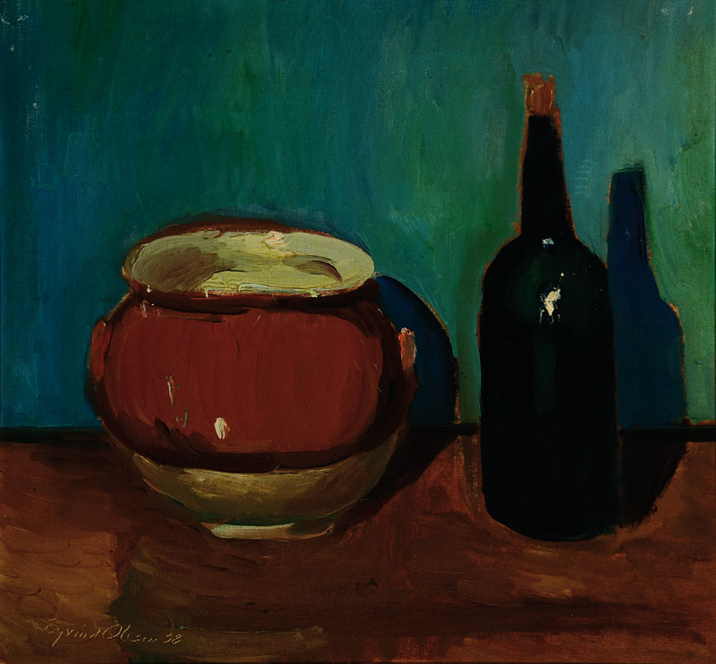 Eyvind Olesen, 1907-1995, dänischer Künstler, Stillleben mit Krug und Weinflasche, Öl/Lwd., links unten signiert, datiert 38, ca. 58x59 cm, Rahmen