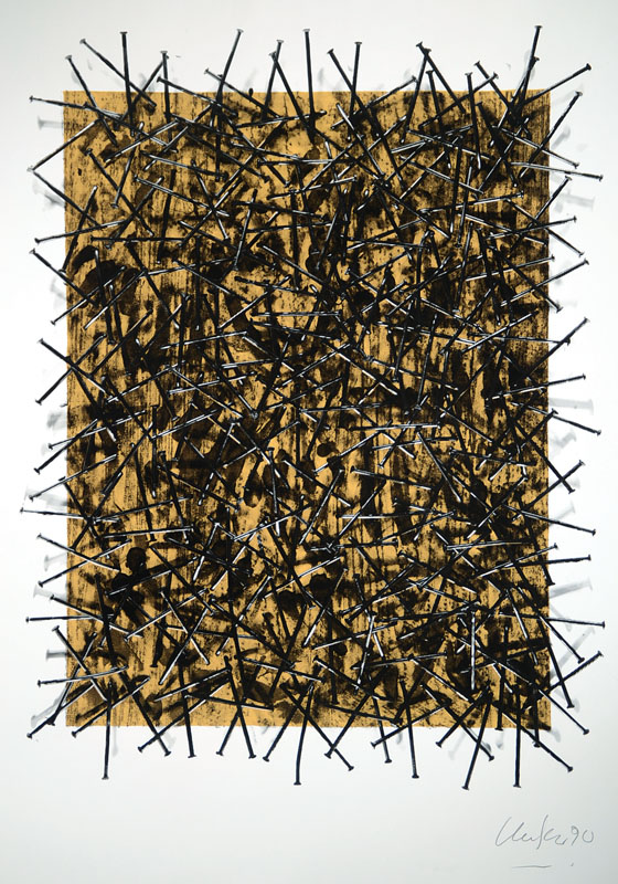 Günther Uecker, geb. 1930, Farboffset, handsigniert und datiert 90, Blattgr. ca. 82x59 cm, Blatt mit zwei min. Rissen am rechten Rand