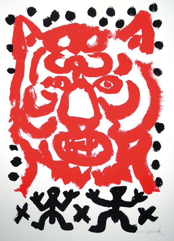 A.R. Penck, geb. 1939 Dresden, Farblithographie, Tiger, handsigniert, Blattgr. ca. 89x70 cm,. Knick am unteren Rand