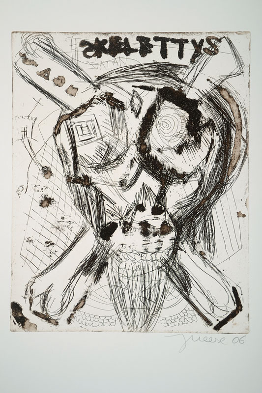 Jonathan Meese, geb. 1971, "Don Skeletti im Fettnapf mit 10 Zäpfchen", Radierung auf dickem Bütten, Griffelkunst 327 A5, aus 2007, ...
