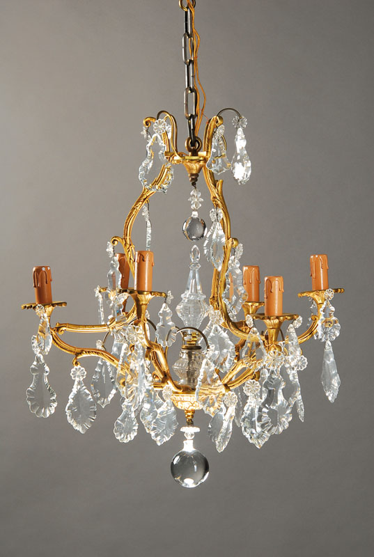 Deckenleuchter, Frankreich, um 1900, Metallmonturen Messing vergoldet mit geschliffenem Glasbehang, 6 Brennstellen, H.ca. 60 cm, D.ca. 48 cm, ...