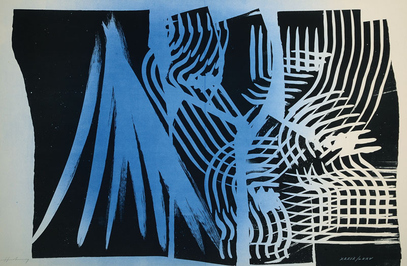 Hans Hartung, 1904-1989, "Farandole", Farblithographie auf dickem Velinkarton, handsigniert, nummeriert XXXIX/LXXV, aus 1970, Mittelfalz, ...