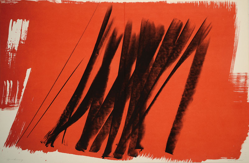 Hans Hartung, 1904-1989, "Farandole", Farblithographie auf dickem Velinkarton, handsigniert, nummeriert XXXIX/LXXV, aus 1970, Mittelfalz, ...
