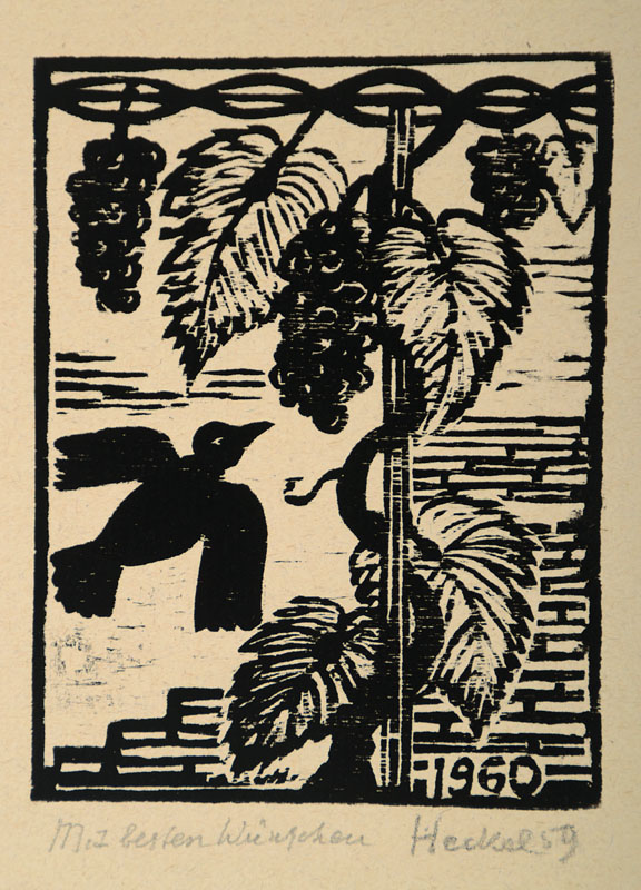 Erich Heckel, 1883-1970, "Vogel und Trauben", Holzschnitt auf Japan Bütten, handsigniert, datiert 59, mit Widmung "Mit besten ...