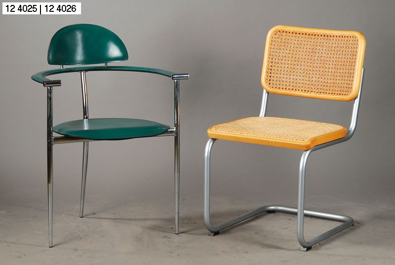 Paar Armlehnstühle, Arrben Italia, 70/80er J., Modell: "Marilyn 24, Armchair", Chromgestell mit Holzarmlehnen, dunkelgrüne ...