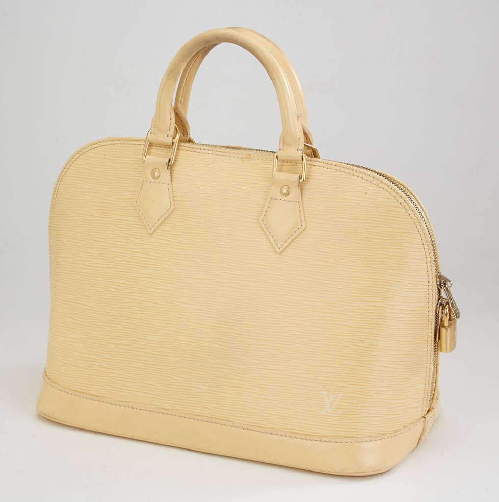 LOUIS VUITTON Tasche, ALMA, cremefarb. Epi- leder, vergoldete Messingbeschläge, LV- Schloss anbei, ohne Schlüssel, innen cremefarb. Stoff, ...